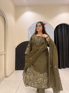 Olive Green Pure Cotton Thread Embroidered Suit Set