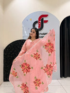 Graceful pink Mul Chanderi suit set featuring mirror work detailing and a floral embroidered dupatta