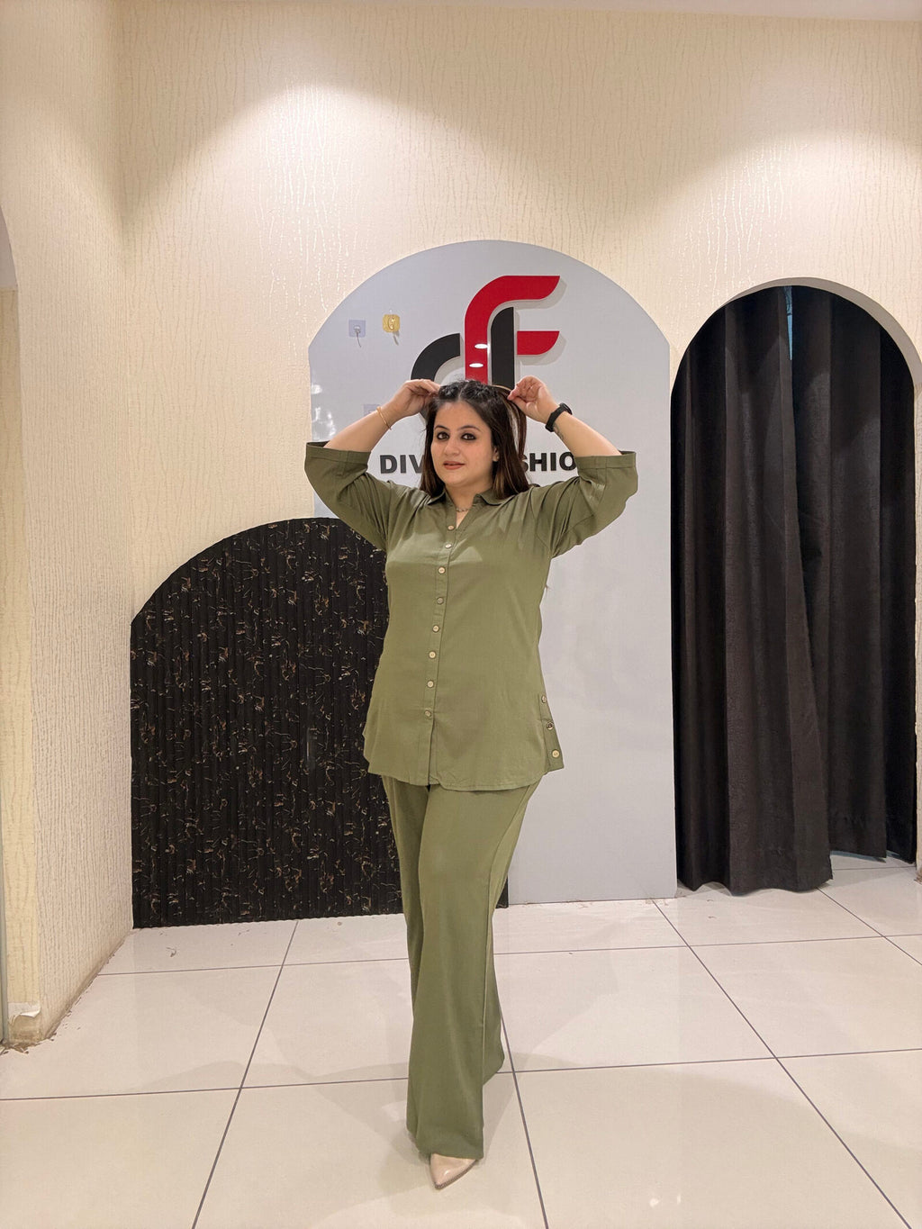 chic olive-green coord set