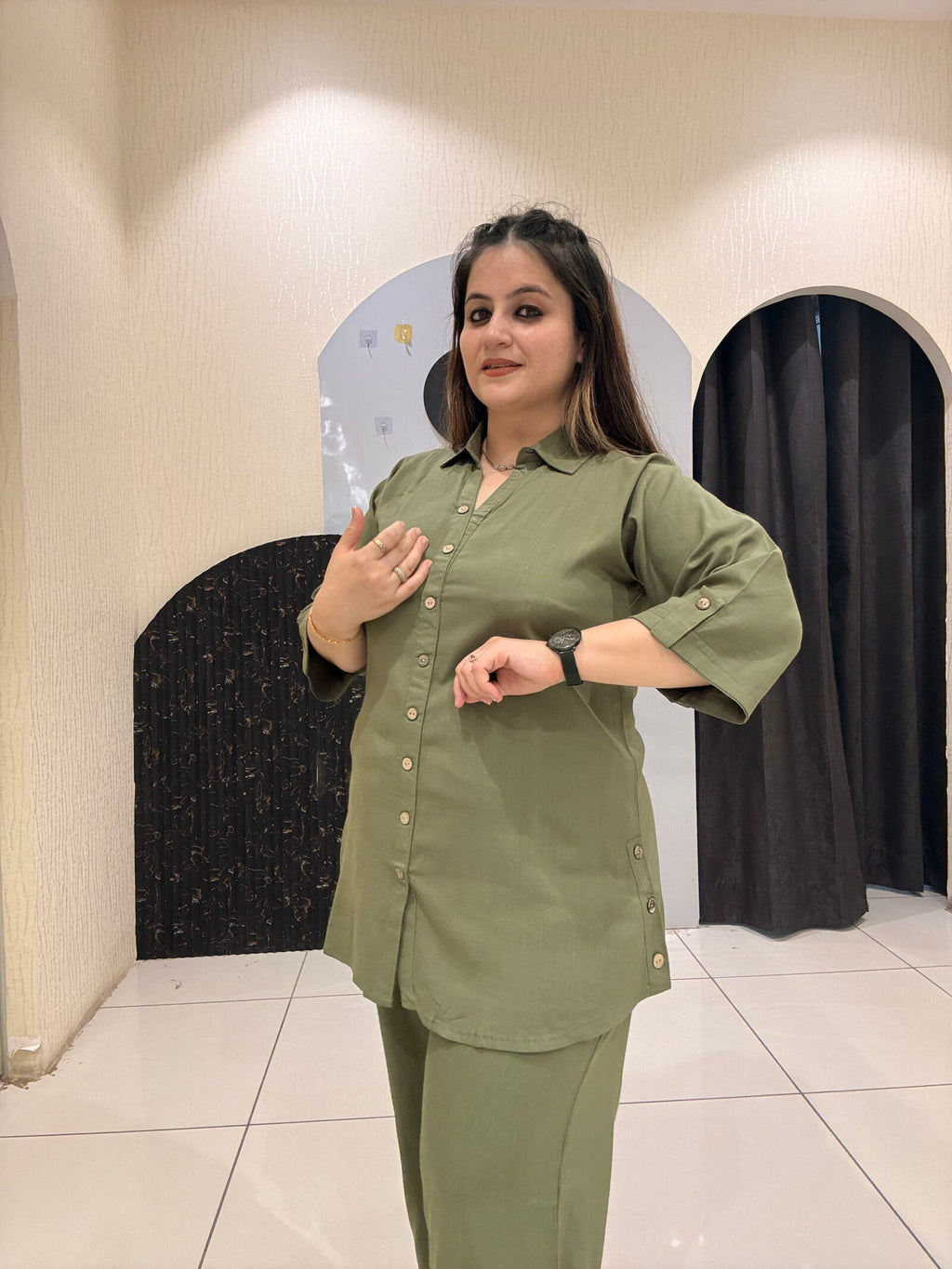 chic olive-green coord set