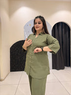 chic olive-green coord set