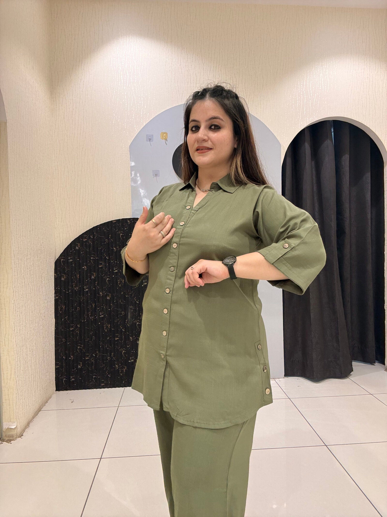 chic olive-green coord set