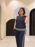 Navy Cotton Denim Coord Set with Wavy Trim