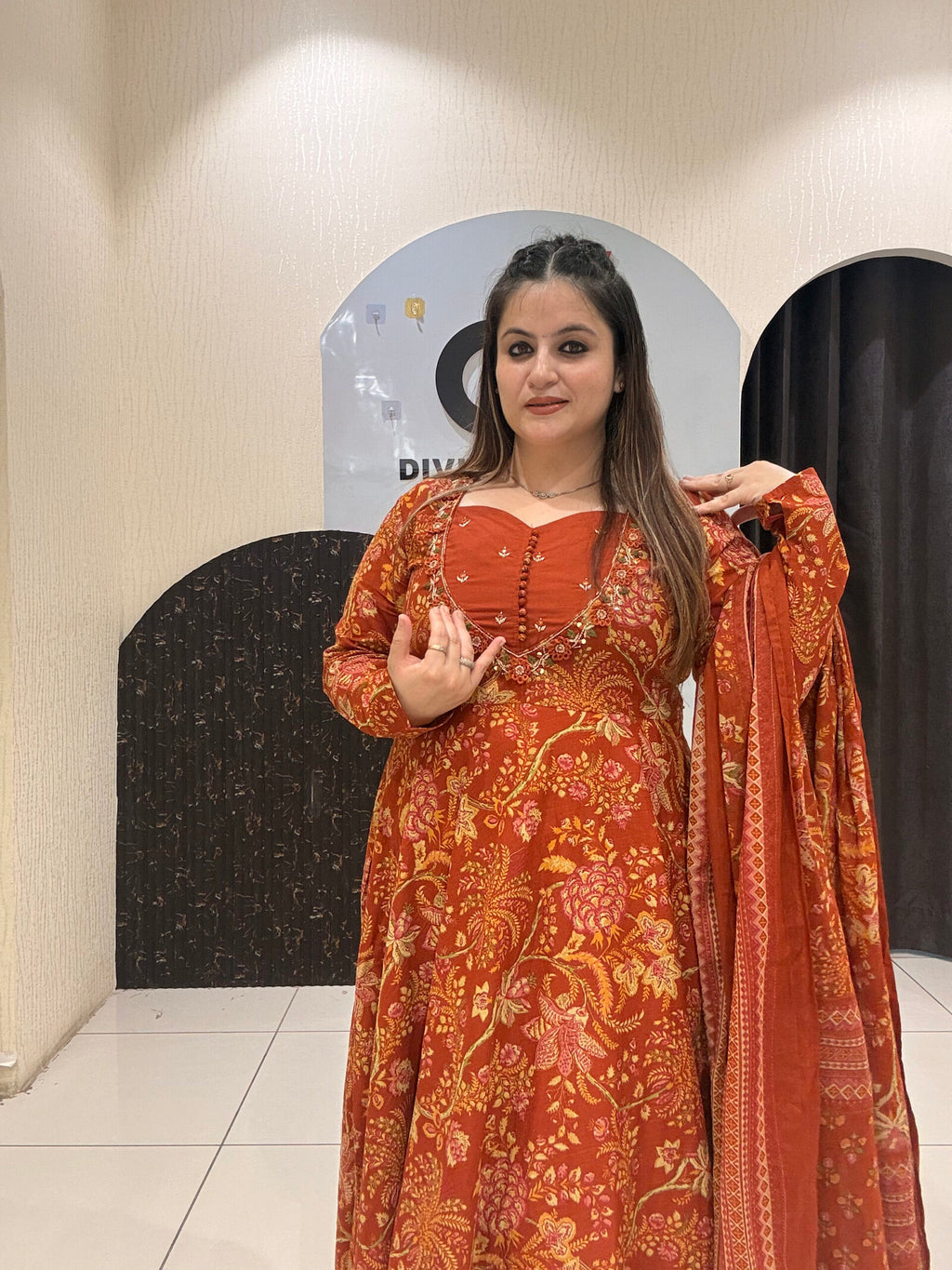 Rust Orange Pure Cotton Printed Anarkali Suit Set