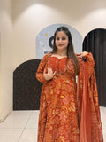 Rust Orange Pure Cotton Printed Anarkali Suit Set
