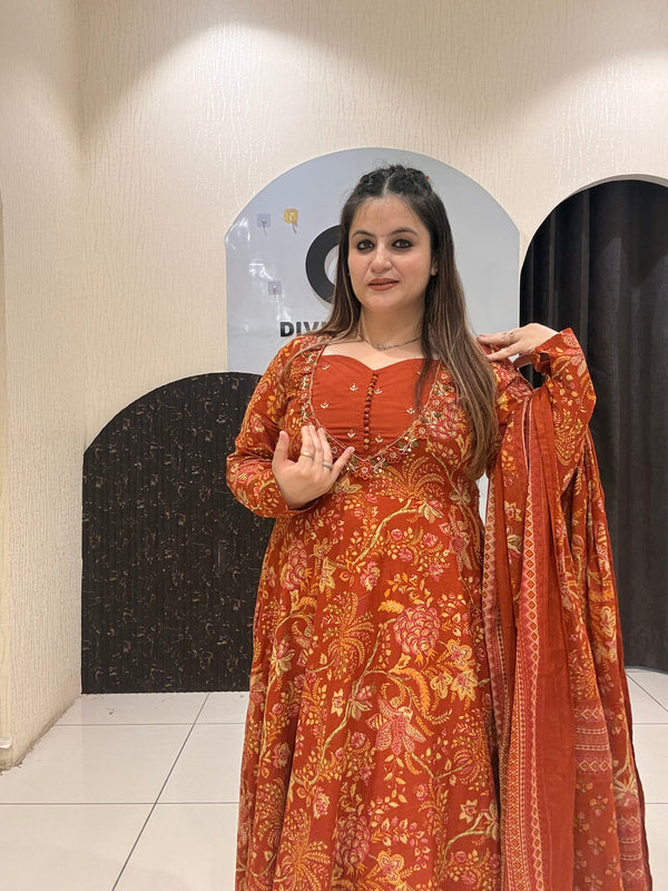 Rust Orange Pure Cotton Printed Anarkali Suit Set