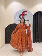 Rust Orange Pure Cotton Printed Anarkali Suit Set