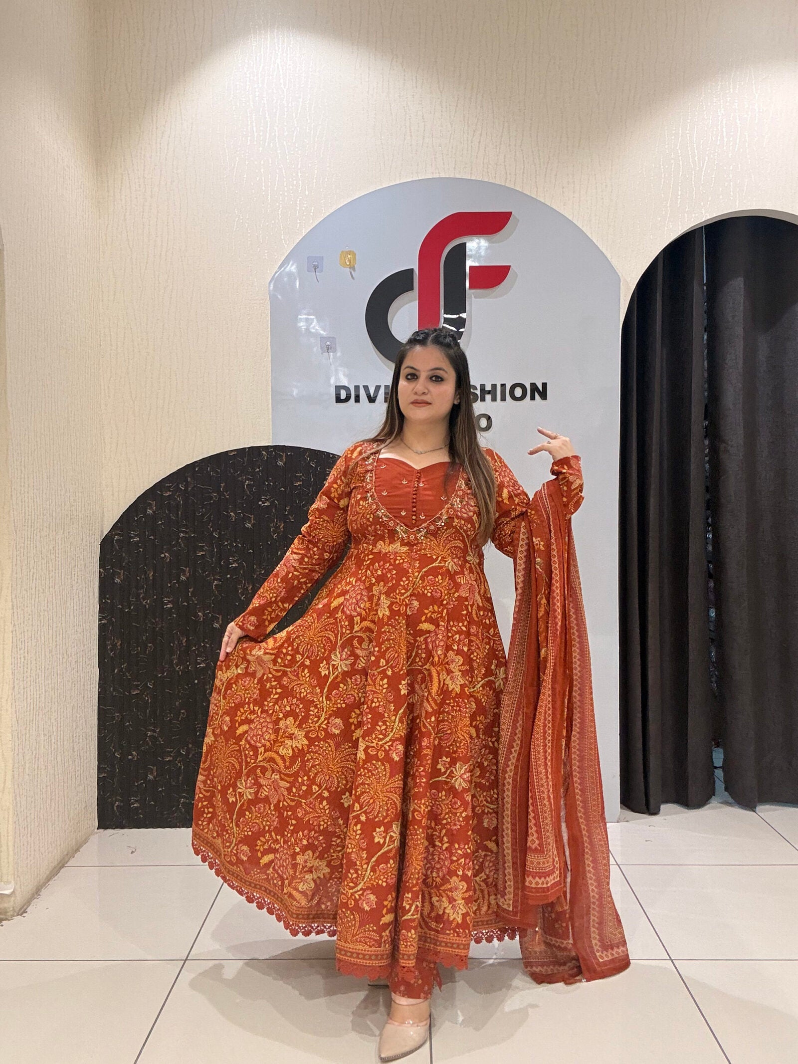 Rust Orange Pure Cotton Printed Anarkali Suit Set