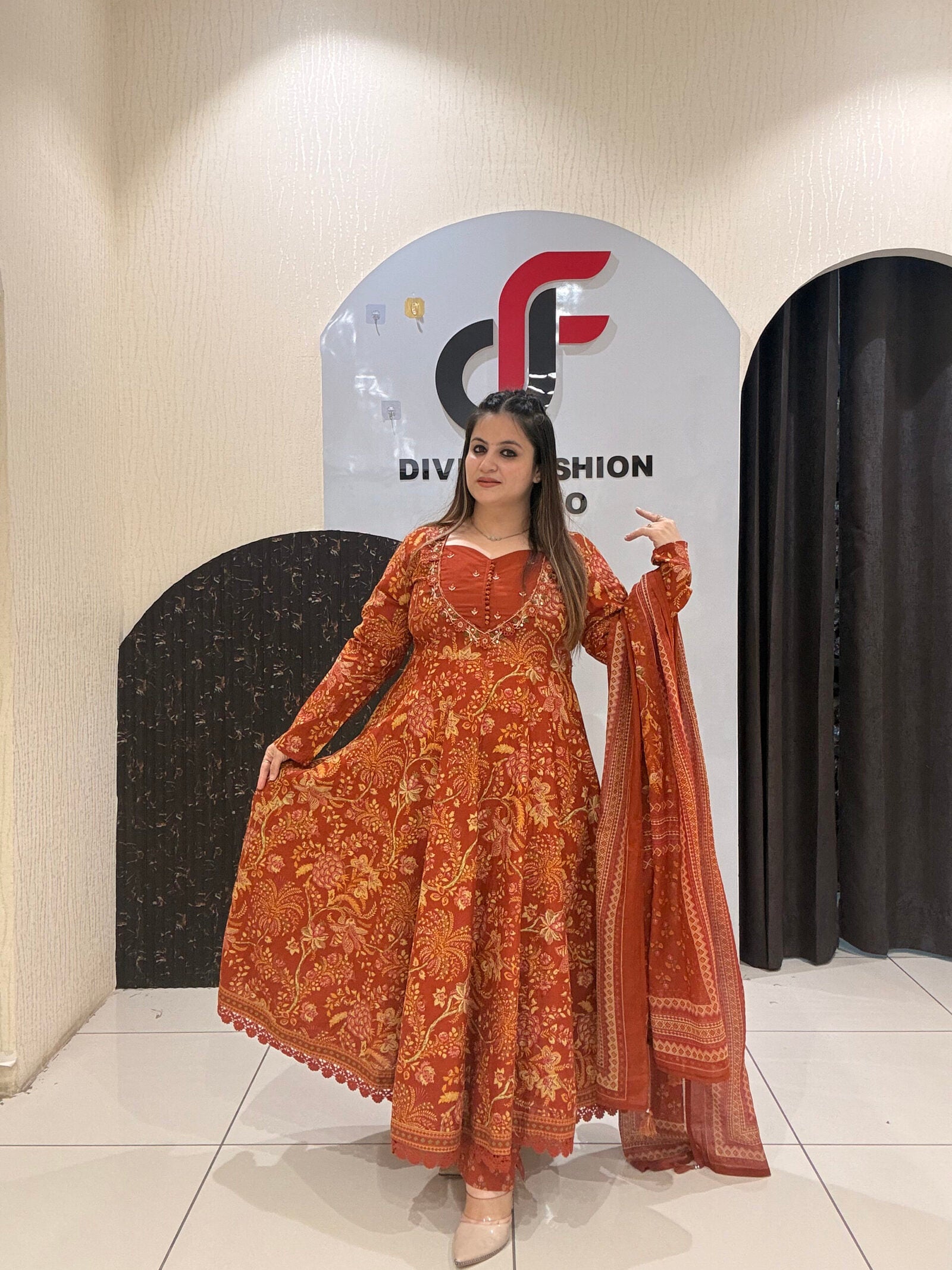 Rust Orange Pure Cotton Printed Anarkali Suit Set