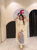 Cream Premium Embroidered 3-Piece Kaftan Set with Peacock Motif