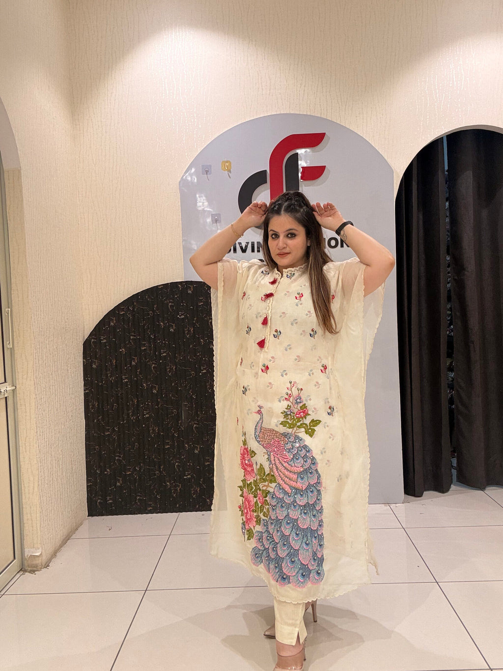 Cream Premium Embroidered 3-Piece Kaftan Set with Peacock Motif