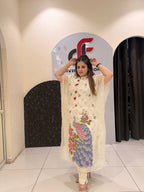 Cream Premium Embroidered 3-Piece Kaftan Set with Peacock Motif