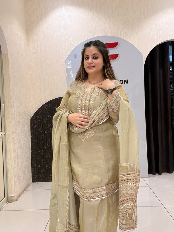 Golden Partywear Heavy Embroidered Farsi Salwar Suit