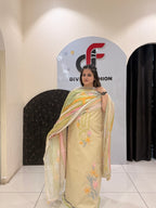 Elegant, unstitched cotton suits featuring delicate thread embroidery and pastel hues