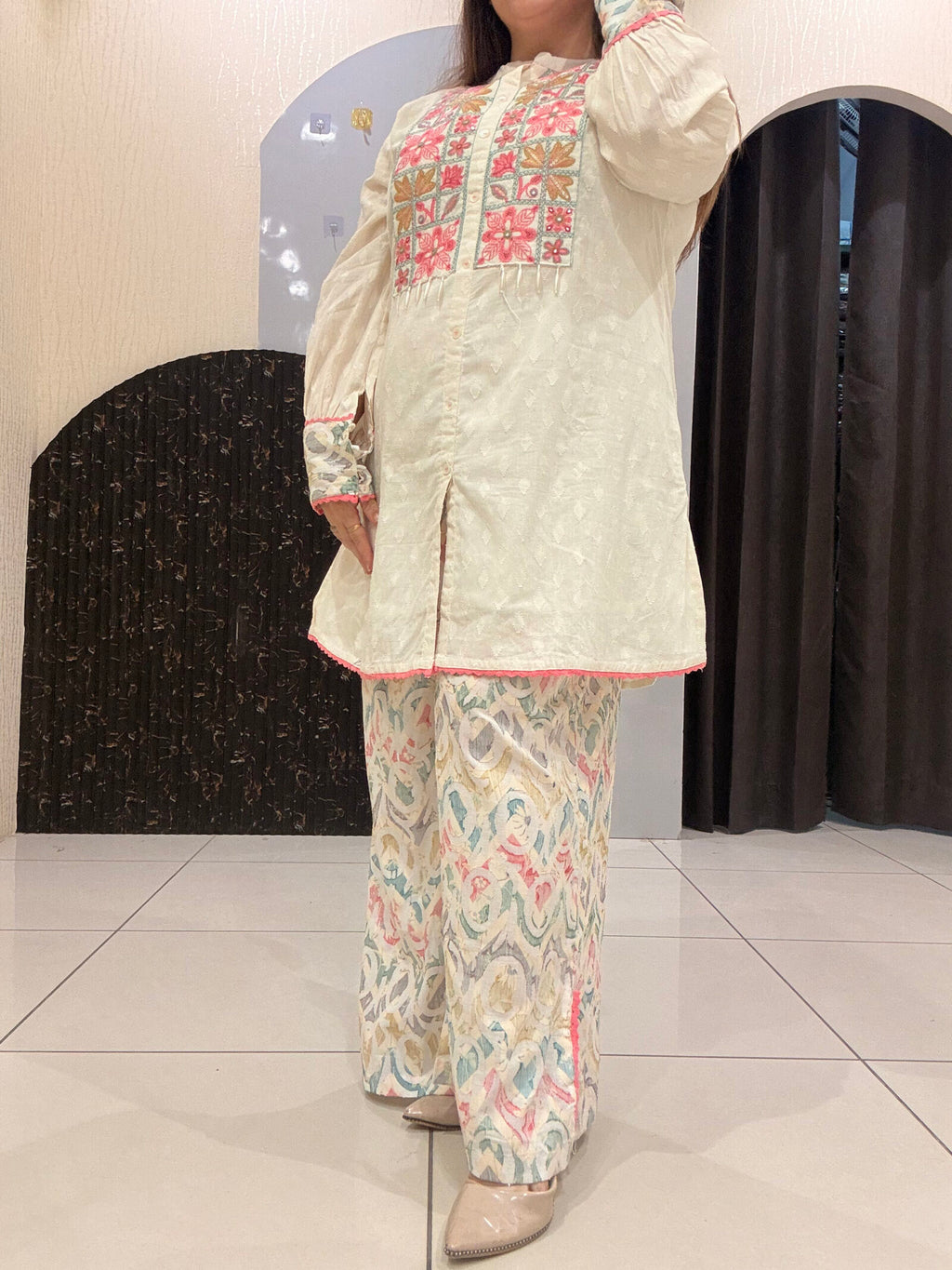 Cream Pure Cotton Embroidered Coord Set