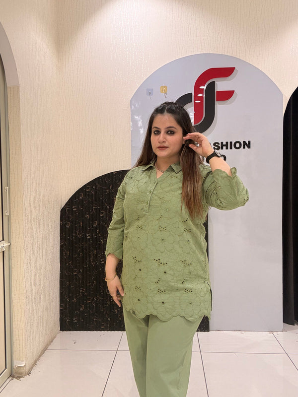 Sage Green Pure Cotton Embroidered Coord Set