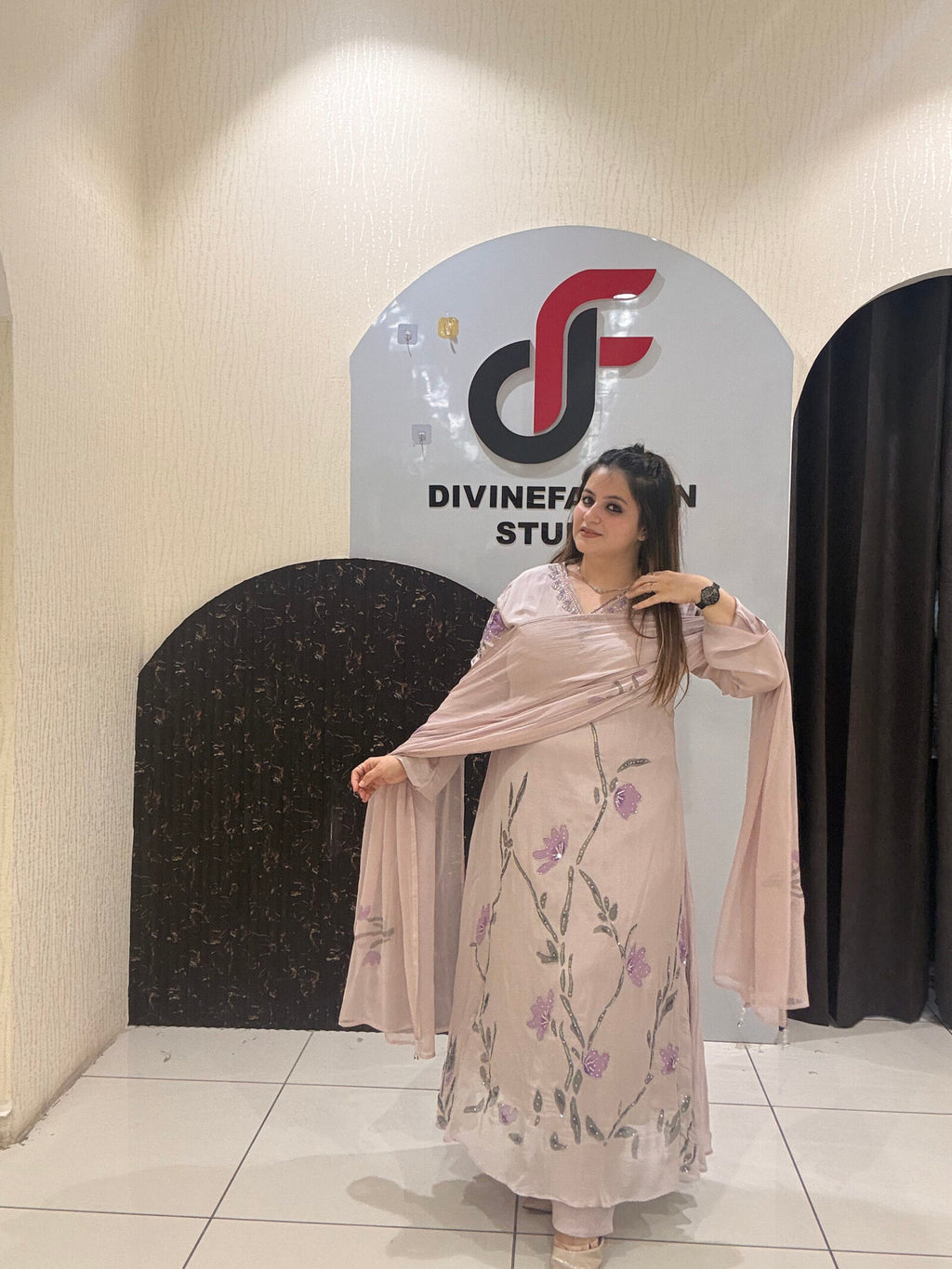 Graceful pastel pink Chinon suit featuring delicate handwork embroidery and a matching dupatta