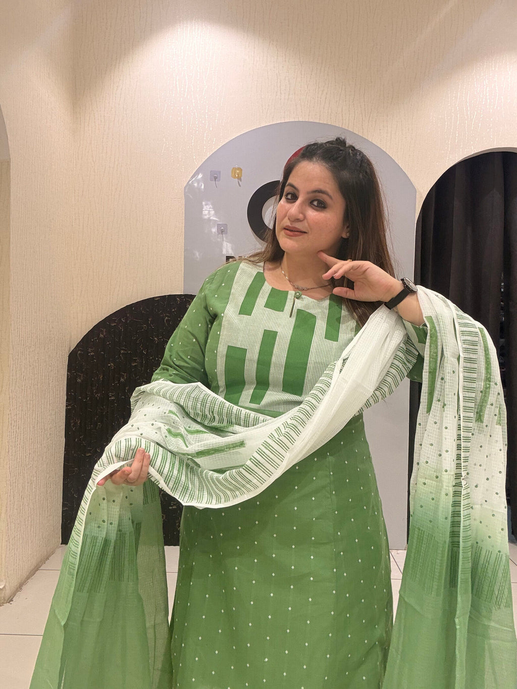 Refreshing mint green pure cotton suit featuring subtle geometric and dotted prints with a matching gradient dupatta