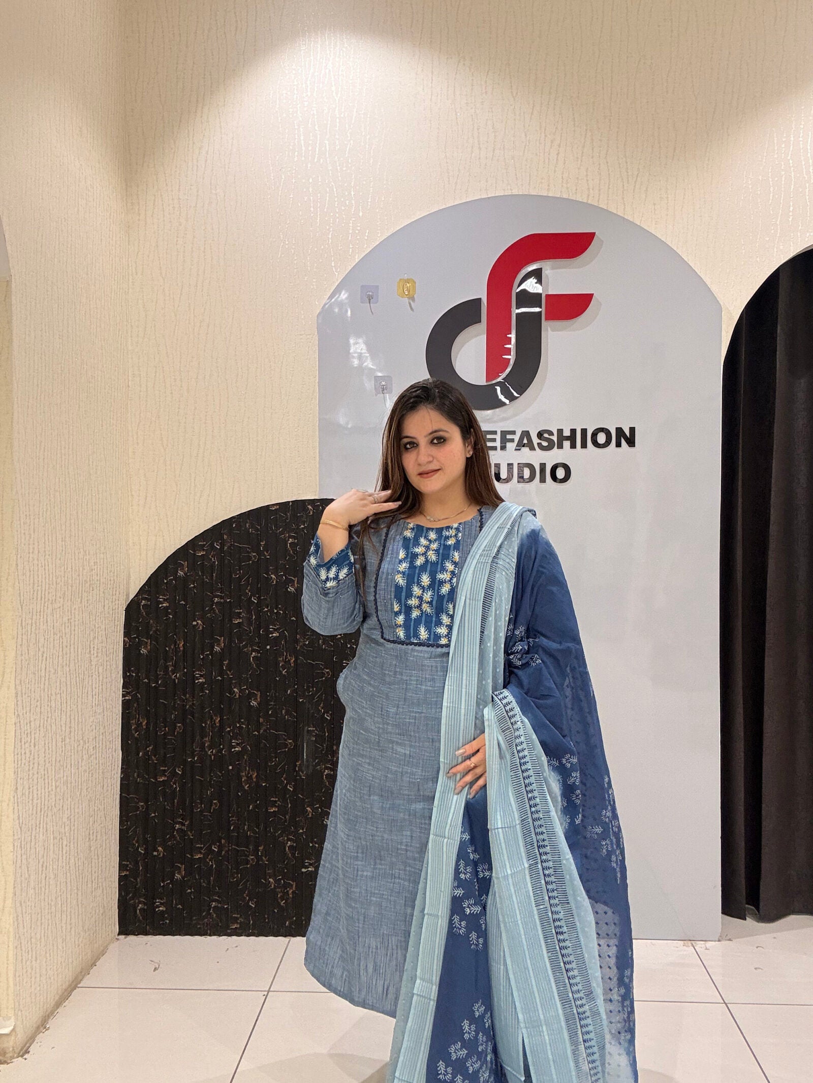 Denim Cotton Printed Suit Set for Women