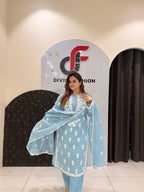 Premium sky blue mul cotton suit set featuring elegant thread embroidery on front and back with matching dupatta.