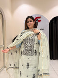 Premium grey unstitched mul cotton suit featuring intricate black thread embroidery and a matching dupatta