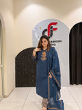 Classic navy blue cotton suit featuring golden embroidery and a matching dupatta with delicate border detailing