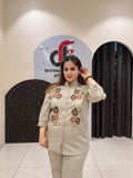Beige Cotton Embroidered Coord Set