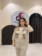 Beige Cotton Embroidered Coord Set