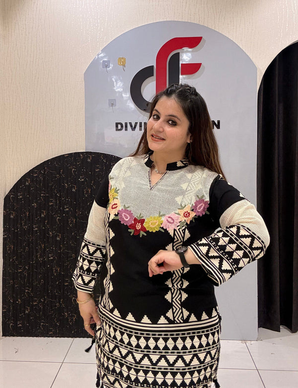 Stylish black cotton coord set featuring intricate geometric patterns and floral embroidery