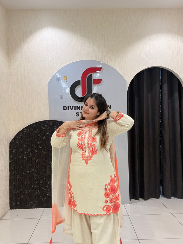 Elegant cream Farsi salwar suit featuring coral embroidery and a matching ombré dupatta