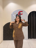Elegant brown cotton coord set featuring golden leaf embroidery and button detailing