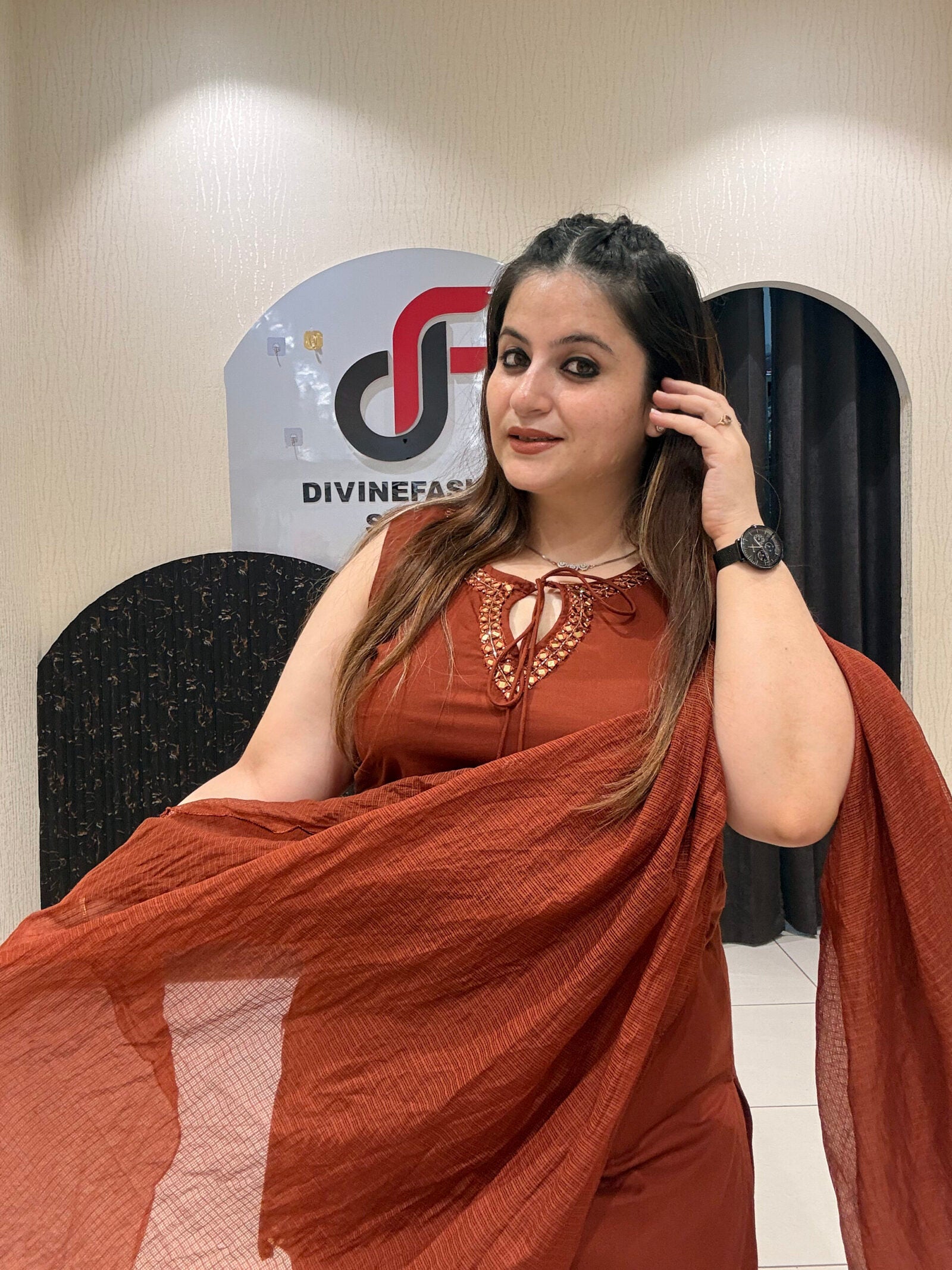 Chic rust-colored pure cotton Farsi salwar suit featuring subtle embellishments and a matching dupatta