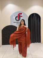 Chic rust-colored pure cotton Farsi salwar suit featuring subtle embellishments and a matching dupatta
