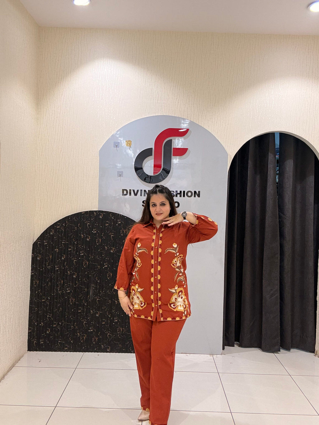 Rust Orange Cotton Co-Ord Set with Thread Embroidery