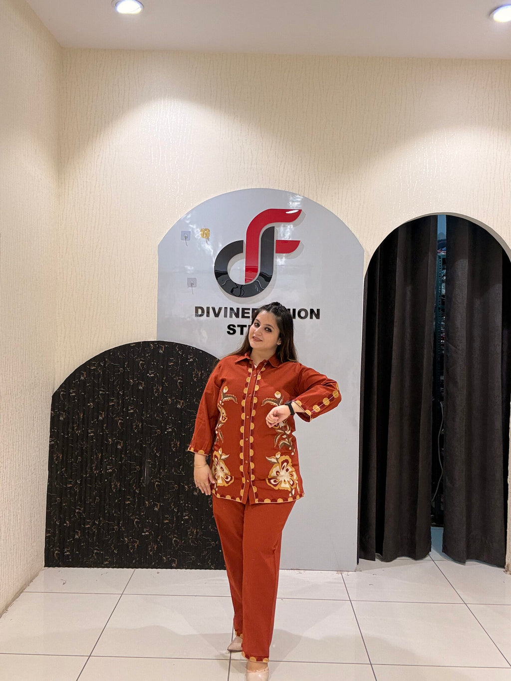 Rust Orange Cotton Co-Ord Set with Thread Embroidery