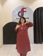 Pure Cotton Embroidered Kurta Set – Rust Brown