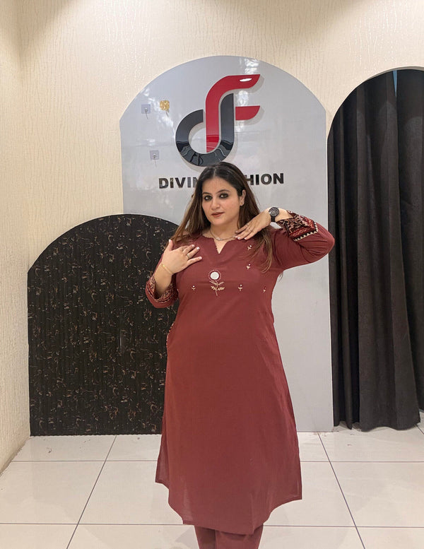 Pure Cotton Embroidered Kurta Set – Rust Brown