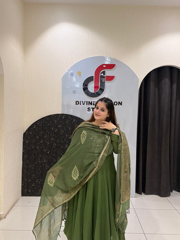 Olive Green Pure Mul Cotton Embroidered Suit Set
