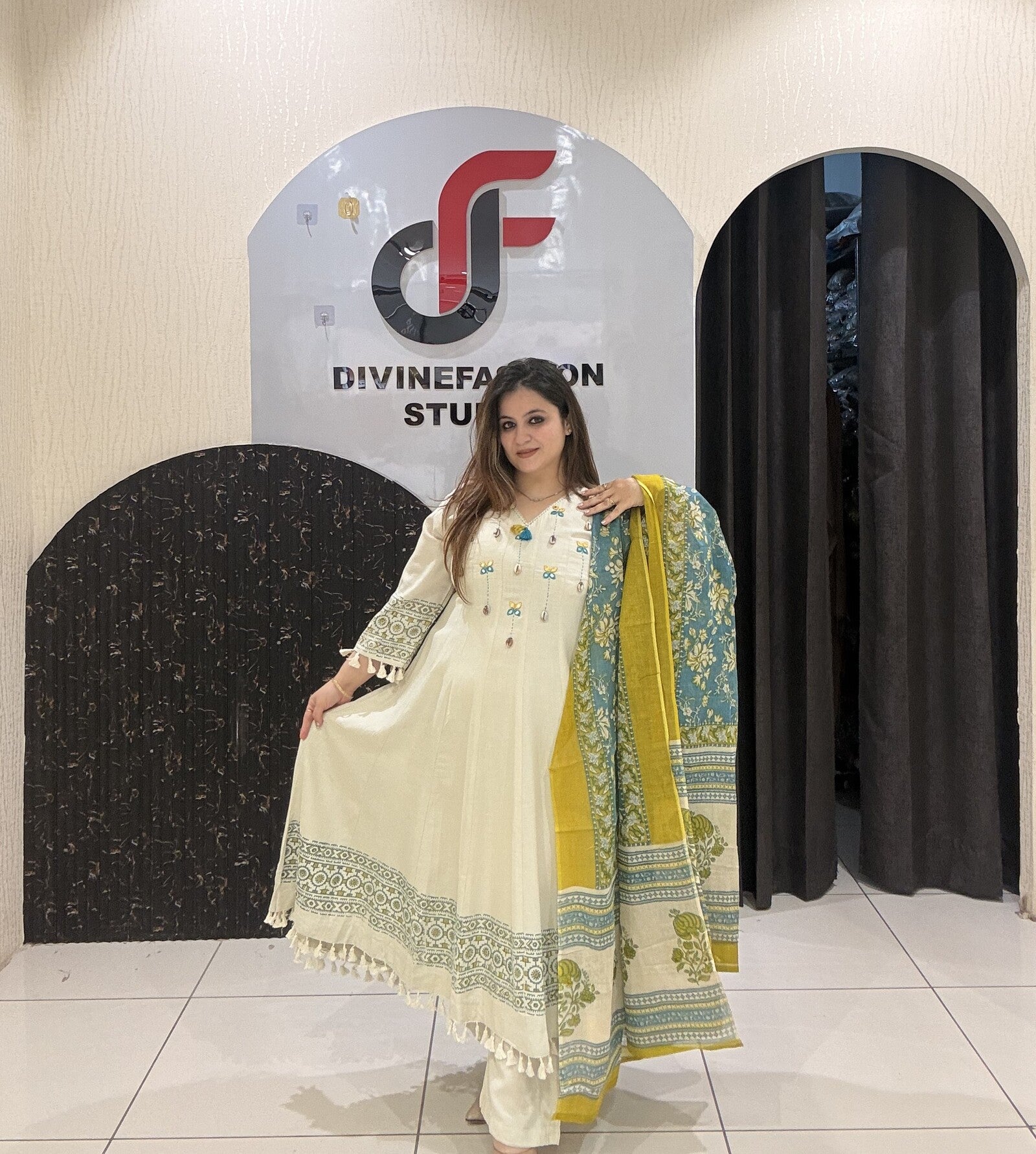 Cream Cotton Embroidered Anarkali Suit Set