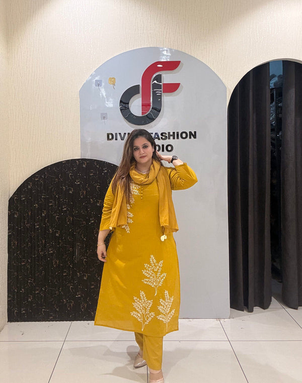 Mustard Cotton Embroidered Suit Set