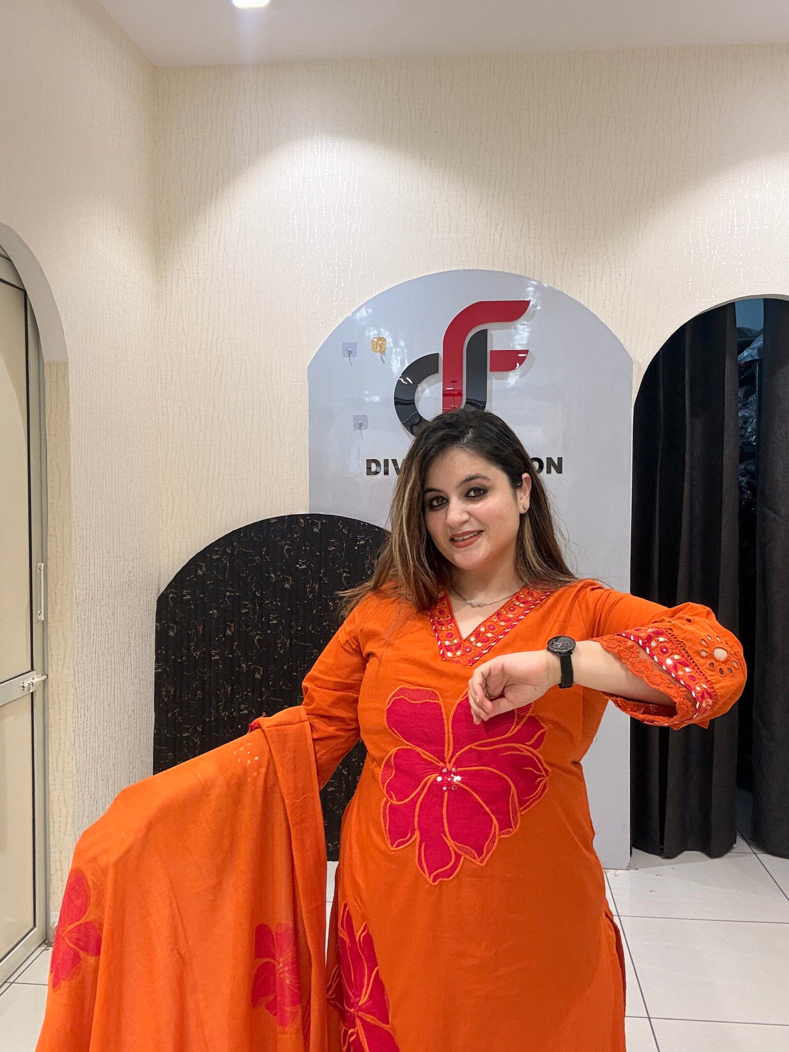 Orange Pure Mul Cotton Embroidered Suit Set