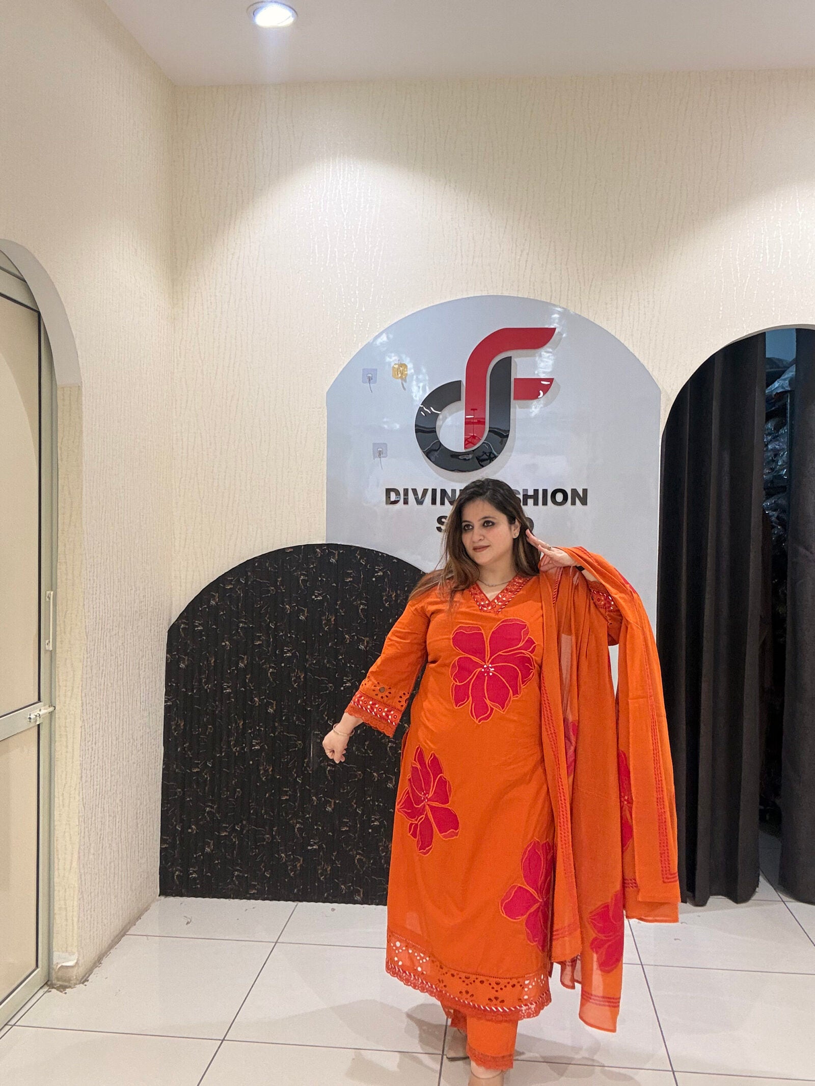 Orange Pure Mul Cotton Embroidered Suit Set