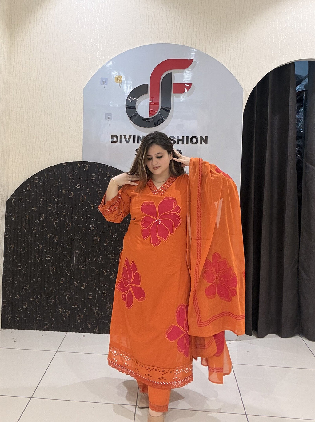 Orange Pure Mul Cotton Embroidered Suit Set