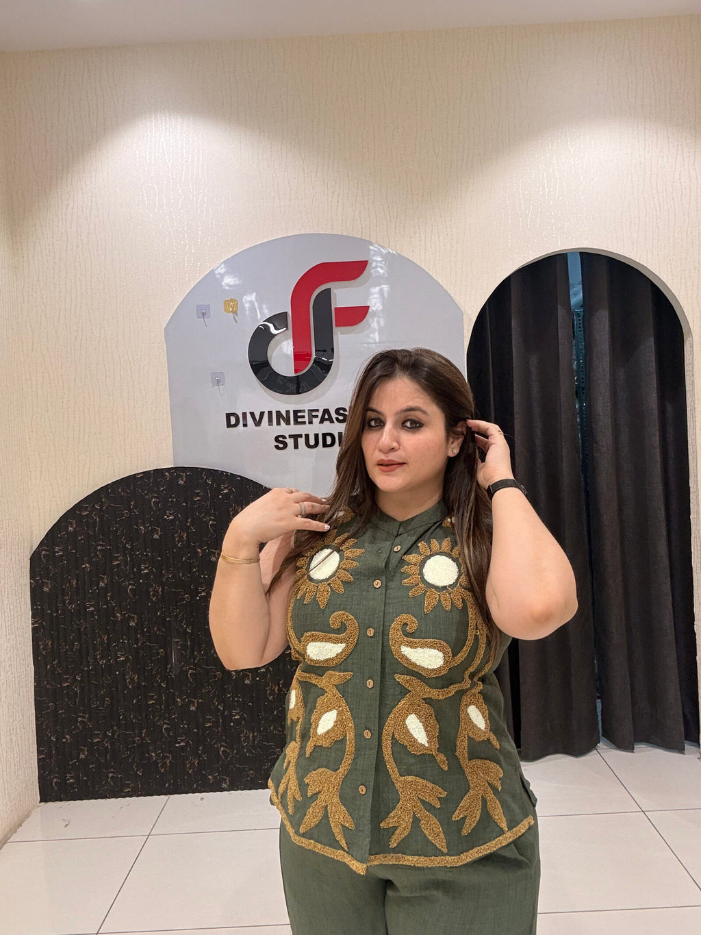 Olive Green Imported Embroidered Coord Set