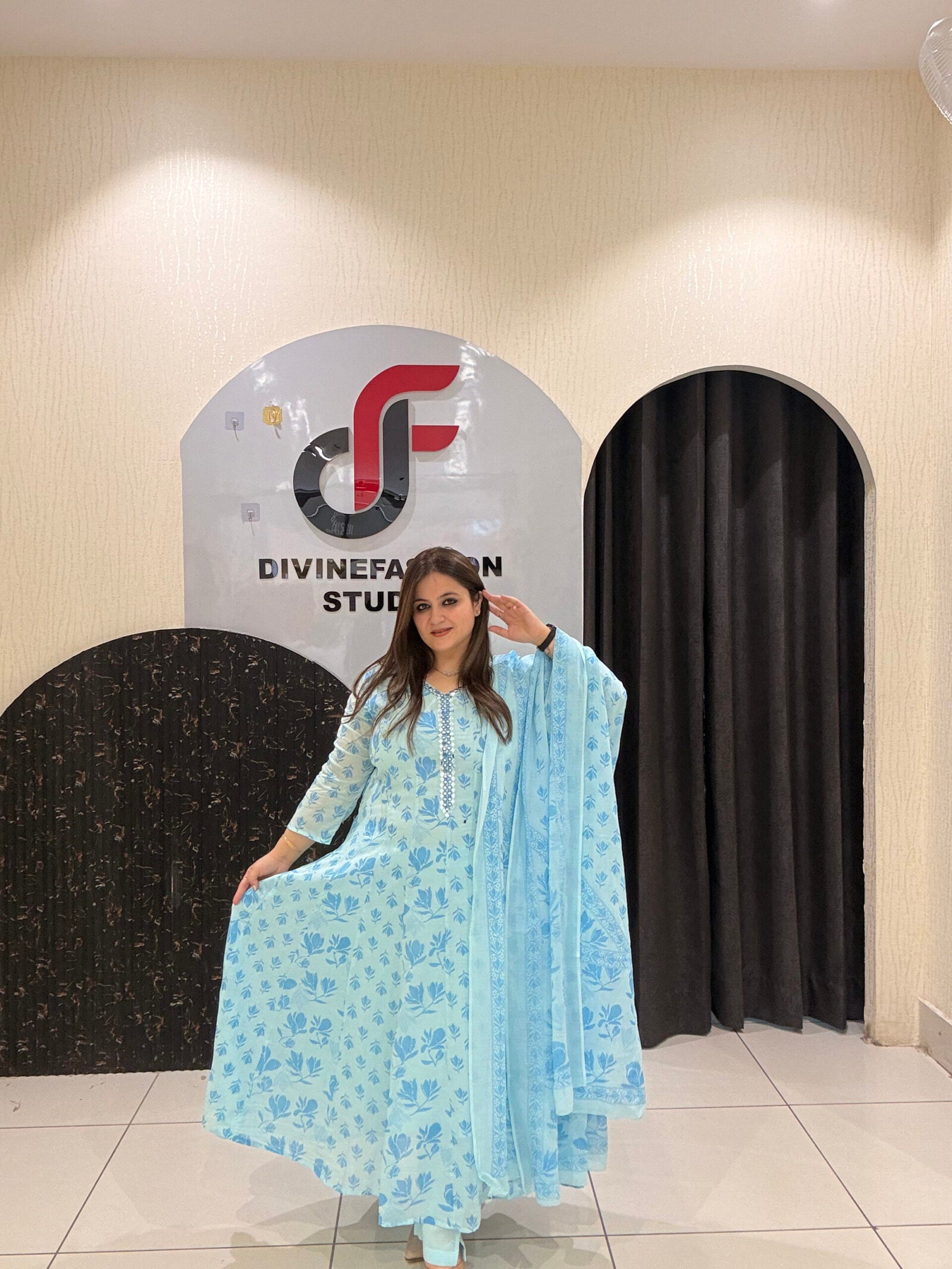Sky Blue Pure Mul Cotton Printed Suit Set