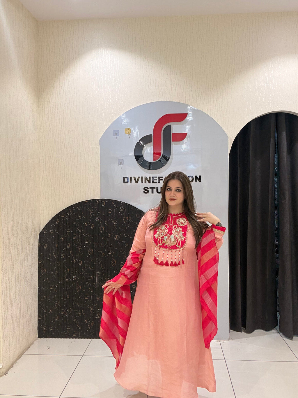 Peach Embroidered Partywear Suit Set
