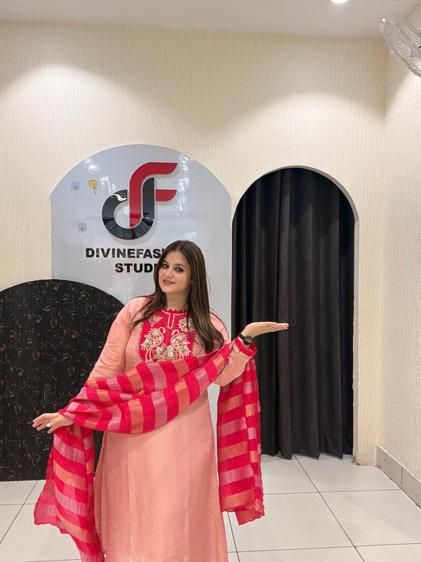 Peach Embroidered Partywear Suit Set