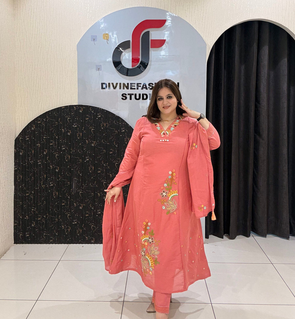 Coral Pink Pure Cotton Thread-Embroidered Partywear Suit
