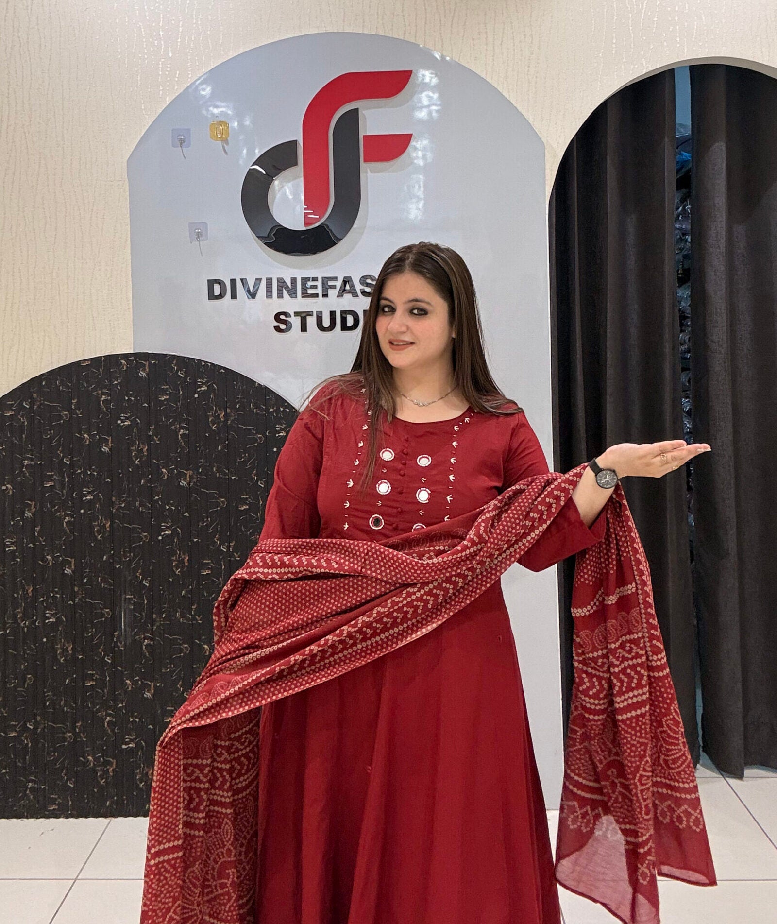 Red Pure Cotton Printed Anarkali Suit Set