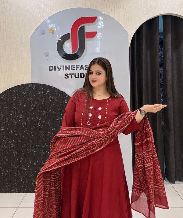 Red Pure Cotton Printed Anarkali Suit Set